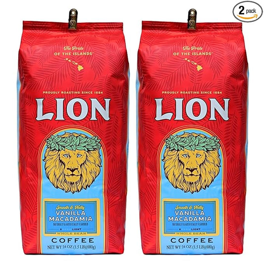 Lion Coffee, Arabica Coffee Beans, Light Roast Whole Bean Coffee, Vanilla Macadamia Flavor, A Taste of Aloha, 24 Ounce Bag (Pack of 2)
