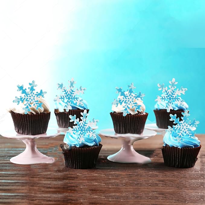 Rsstarxi 50 Pack Snowflake Edible Cupcake Toppers Rice Paper Edible Snowflake Cupcake Picks for Frozen Winter Snowflake Theme Baby Shower Wedding Birthday Christmas Party Cake Decorations