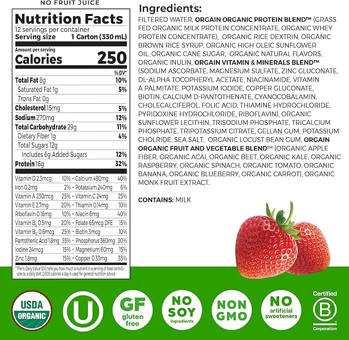 Orgain Organic Nutritional Shake, Strawberries & Cream - Meal Replacement, 16g Protein, 21 Vitamins & Minerals, Gluten Free, Soy Free, Kosher, Non-GMO, 11 Fl Oz (Pack of 12) (Packaging May Vary)