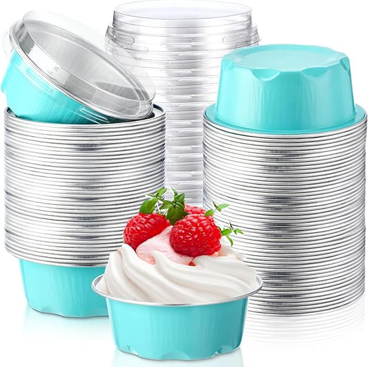 Eaasty 150 Pcs Baking Cups with Lids, 1.6 oz Muffin Cupcake Liners Aluminum Foil Mini Cake Pans Small Disposable Ramekin Flan Containers with Lids for Christmas, Birthday, Various Holiday (Light Blue)