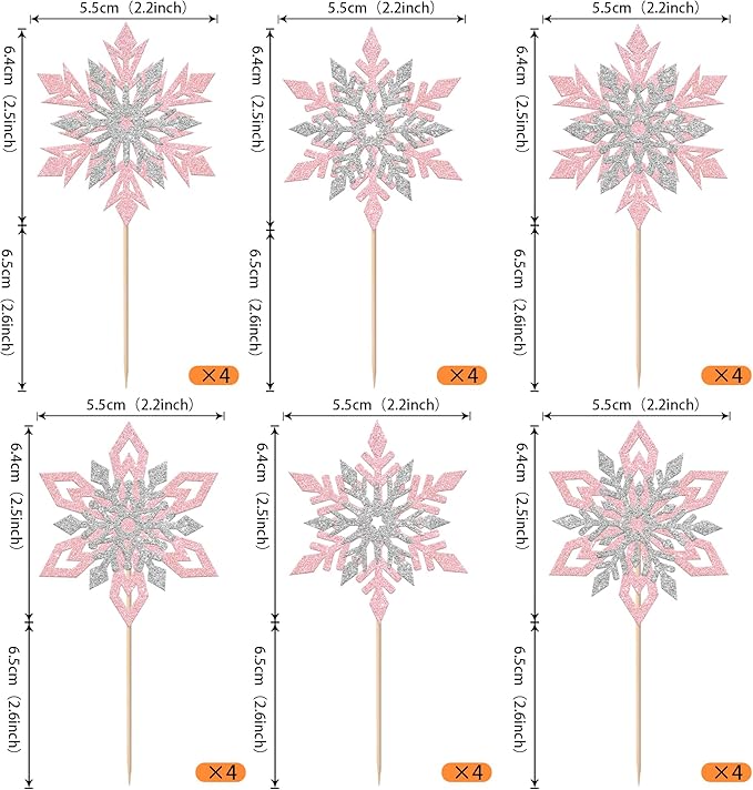 Rsstarxi 24 Pack Pink Snowflake Cupcake Toppers Double Layered Silver Snowflake Cupcake Picks Decoration for Winter Frozen Theme Baby Shower Wedding Birthday Christmas Party Cake Decorations