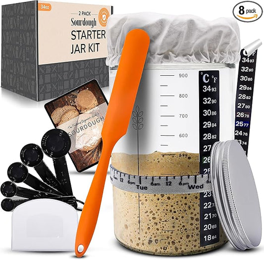 Sourdough Starter Kit - 34oz Large Capacity Glass Fermentation Jar with Lid, Silicon Spatula, and Measuring Spoons - Beginner Sourdough Starter Kit, Sourdough Bread Baking Supplies, Fermentation Kit
