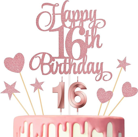 16th Birthday Cake Decorations, 16th Birthday Candles Cake Numeral Candles and Glitter Happy 16th Birthday Cake Toppers Set for Birthday Party Supplies (Rose Gold)