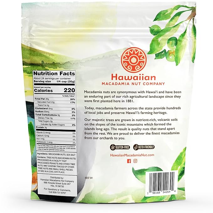Hawaiian Macadamia Nut Company Dry Roasted Macadamia Nuts with Sea Salt 24 Oz (Pack of 2, Total 48-Ounce), Source of Fiber, Gluten-Free and Certified Non-GMO, Premium Quality, Crunchy and Delicious
