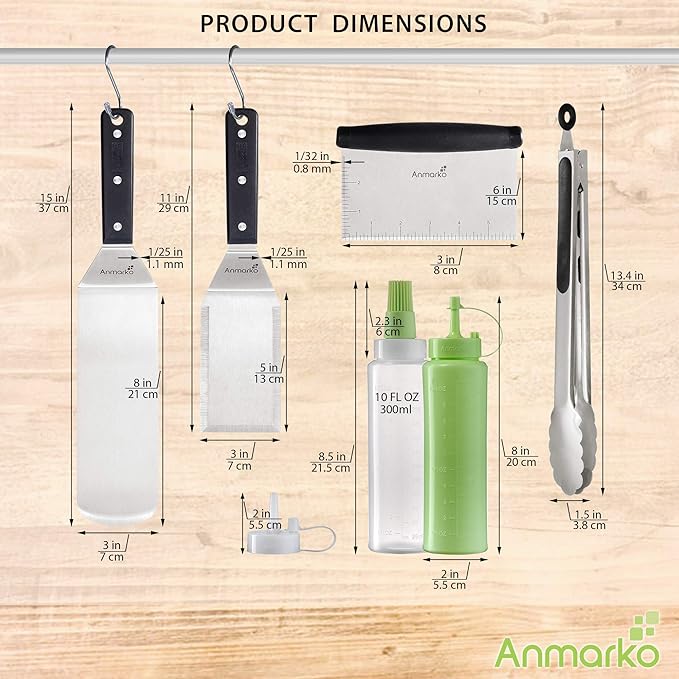 Anmarko Metal Spatula Set Stainless Steel and Scraper - Professional Chef Griddle Spatulas Set of 6 - Heavy Duty Accessories Great for Cast Iron BBQ Flat Top Grill