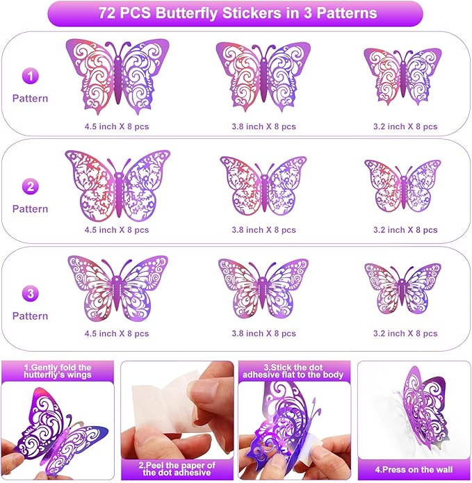 72 Pcs Butterfly Decorations, 3 Sizes 3 Styles Wall Decor, Party and Birthday Decorations, Laser Purple