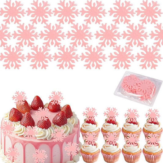 50pcs Edible Snowflake Cupcake Toppers ??Edible Cake Decorations & Snowflake Cake Decorations for Christmas, Winter & Any Party (Pink)