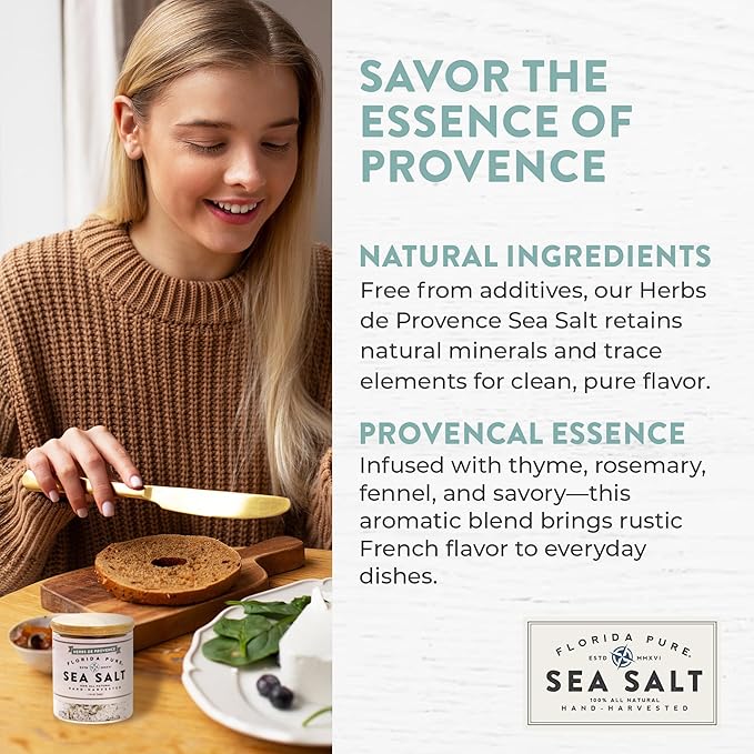 FLORIDA PURE Herbs de Provence Sea Salt - 80+ Mineral Sea Salt, Natural, Unrefined, Non Iodized - for Baking, Cooking, Seasoning & Enhancing Taste - Flaky Sea Salt (1.75 oz Jar)