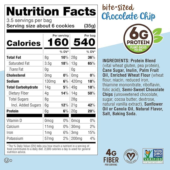Lenny & Larry's The Complete Crunchy Cookie, Chocolate Chip, 6g Plant Protein, Vegan, Non-GMO, 4.25 Ounce Pouch (Pack of 6)