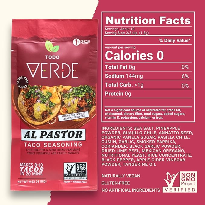 Al Pastor Healthy Taco Seasoning Packets - Todo Verde Mexican Seasoning Mix | Chef Curated Taco Blends with Sweet Pineapple & Black Garlic | Vegan, Gluten Free, Preservative Free (6 Pack)