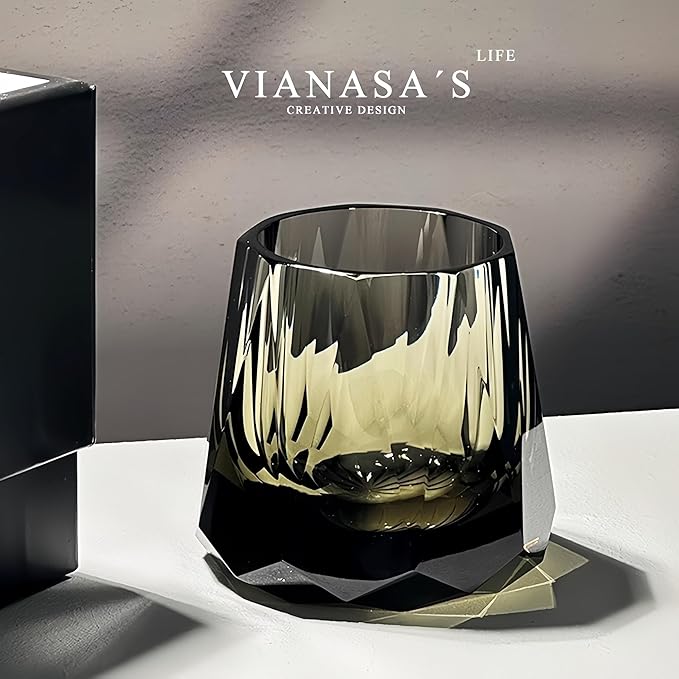 Crystal Whiskey Glass, Geometric Cut Design, Smoke Gray, 300ml Premium Cocktail Tumbler (gray)