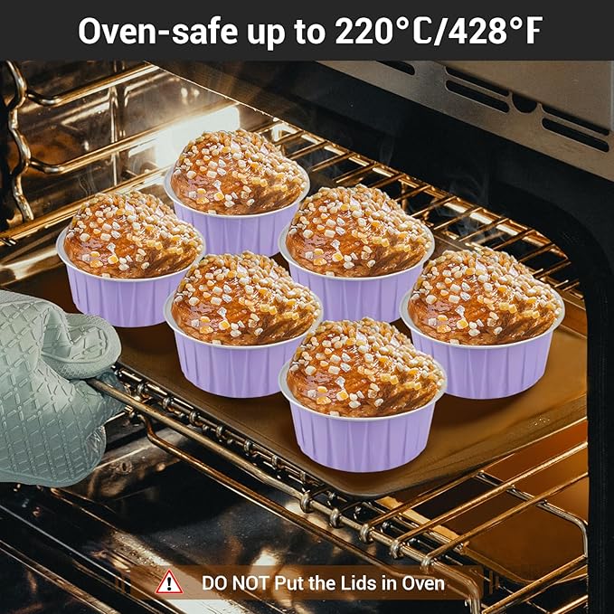 EUSOAR Disposable Ramekins with Lids, Light Purple 25pcs 5oz Creme Brulee Ramekins Disposable, Muffin Liners Cups，Mini Cheesecake Foil Pans Dessert Containers with Lids for Party Favor Birthday