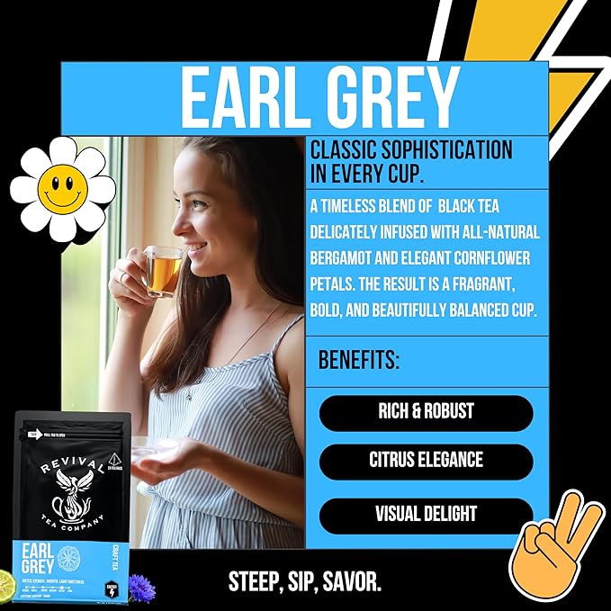 Revival Tea Company Earl Grey Tea - Black Tea Blend with Bergamot and Cornflower Petals - Loose Leaf 6 Ounces