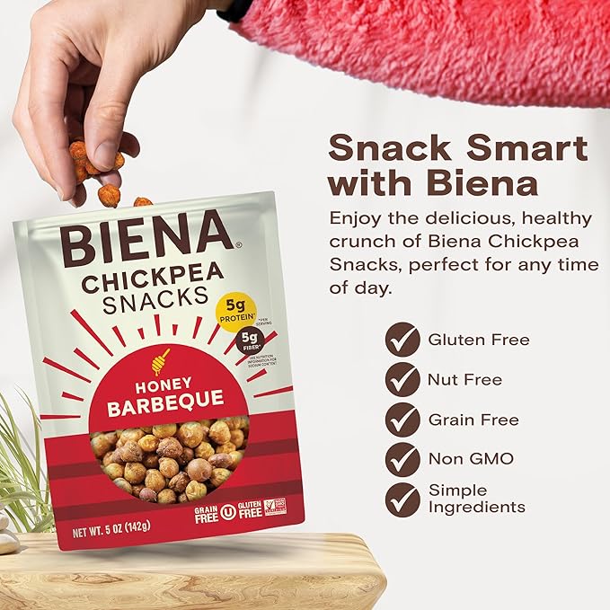 BIENA Chickpea Snacks - Crunchy Roasted Chickpeas - High Fiber Protein Snacks for Adults and Kids - 4-Pack, 5 Ounce Bags - Barbecue
