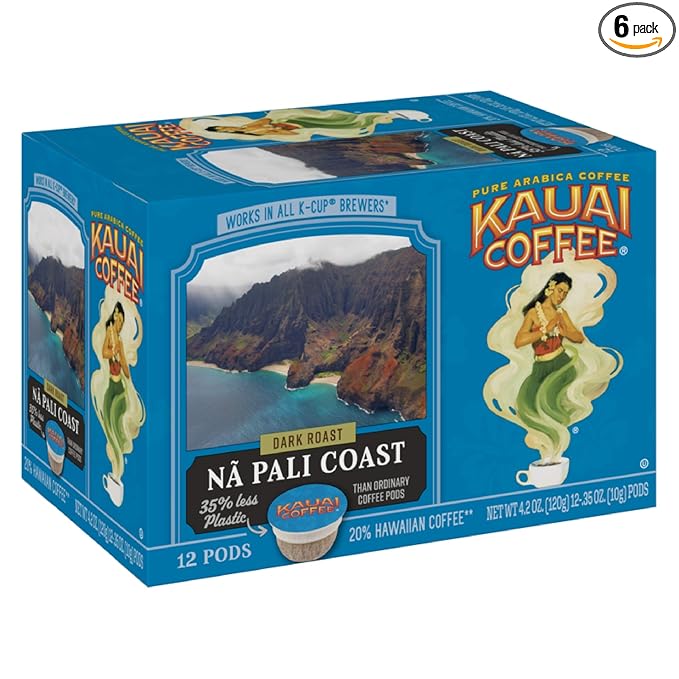 Kauai Coffee Single-Serve Pods, Na Pali Coast Dark Roast - Arabica Coffee from Hawaii’s Largest Coffee Grower, Compatible with Keurig K-Cup Brewers, 12 Count (Pack of 6)