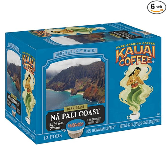 Kauai Coffee Single-Serve Pods, Na Pali Coast Dark Roast - Arabica Coffee from Hawaii’s Largest Coffee Grower, Compatible with Keurig K-Cup Brewers, 12 Count (Pack of 6)