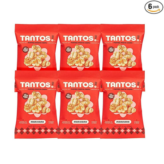Tantos! Puffed Pasta Chips ??Healthy Pasta Snack by Top Chef Joe Sasto ??Plant-Based, Low Calorie, Crunchy Chips ??Variety Pack ??Marinara, Pesto, Cacio e Pepe, Classico ??Gourmet Bold Flavors (1 oz 6 Pack, Marinara)
