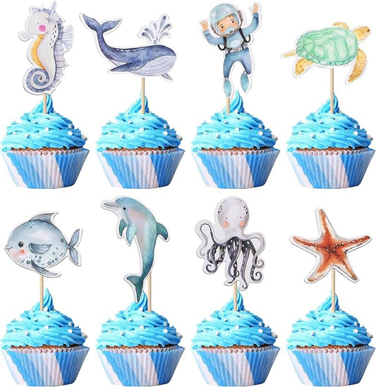 36 Pack Mermaid Cupcake Toppers Under The Sea Octopus Starfish Mermaid Tail Cupcake Picks Jellyfish Seahorse Coral Cupcake Decorations for Baby Shower Under The Sea Birthday Cake Decorations