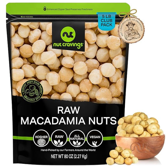 NUT CRAVINGS - Raw Macadamia Nuts, Unsalted, Shelled, (80oz - 5 LB) Bulk Nuts Packed Fresh in Resealable Bag - Kosher Healthy Snack, Food Assortments