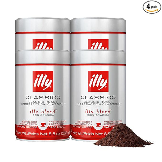 Illy Ground Espresso Coffee, Classico Medium Roast - Mild & Balanced - 100% Arabica - Pre-Ground for Espresso - Pressurized Packaging Sealed for Freshness -8.8oz (Pack of 4)