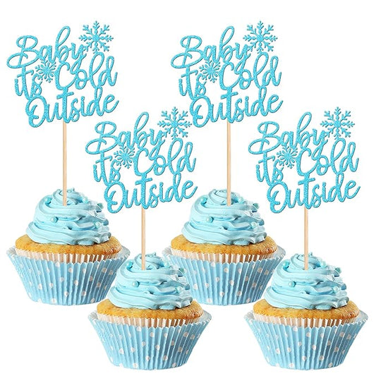 30 PCS Baby It's Cold Outside Snowflake Cupcake Toppers Glitter Winter Frozen Theme Cupcake Picks for Winter Wonderland Shower Birthday Party Cake Decorations Supplies Blue