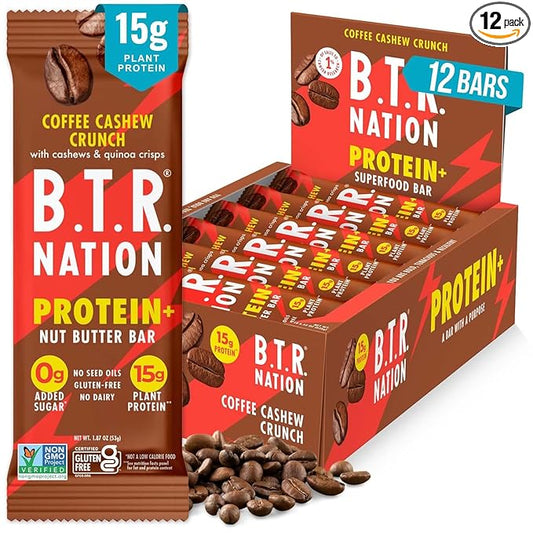 B.T.R. Nation Vegan Keto Plant Based High Protein & High Fiber Bars - Coffee Cashew Crunch Protein+ | 12 Bars | Low Carb & GF, Free of Sugar Alcohols, Dairy, Soy and with Powerful Superfoods!