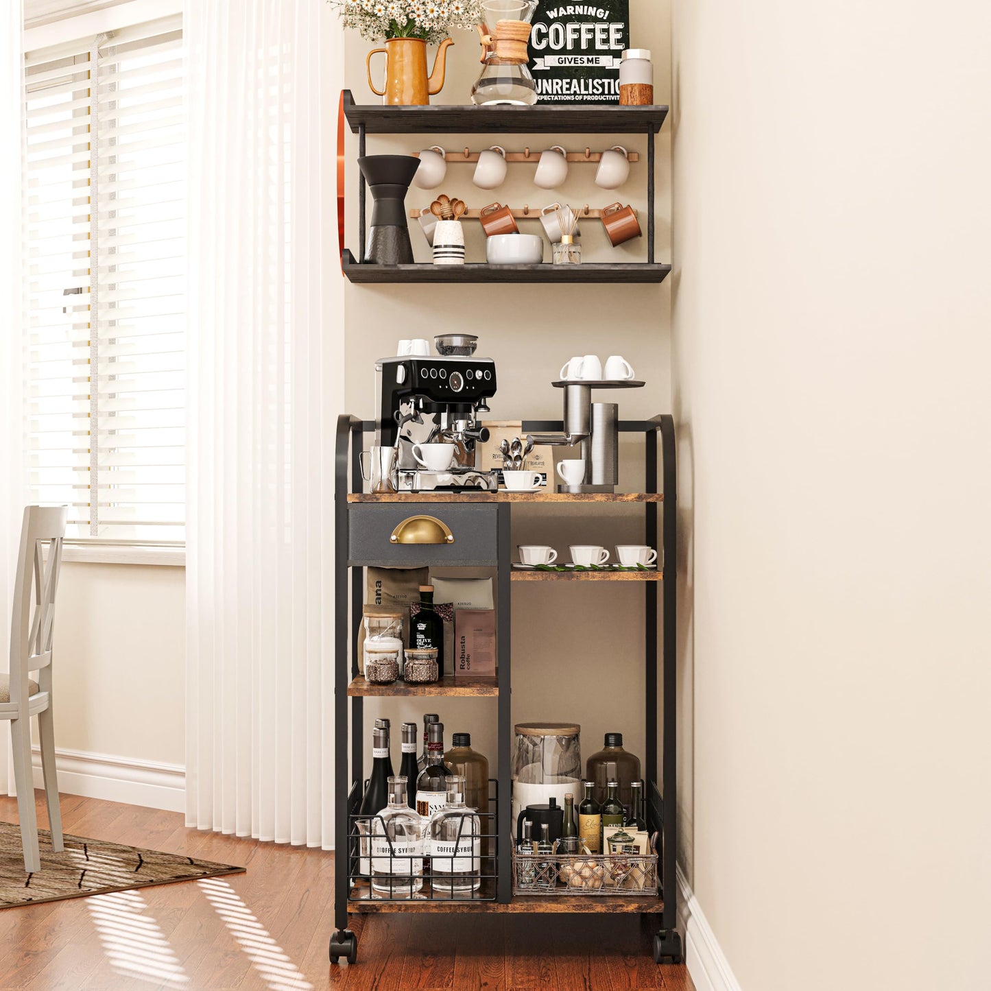 keomaisyto Coffee Cart with Storage Drawer, Coffee Bar Cabinet with Wheels, 4-Tier Adjustable