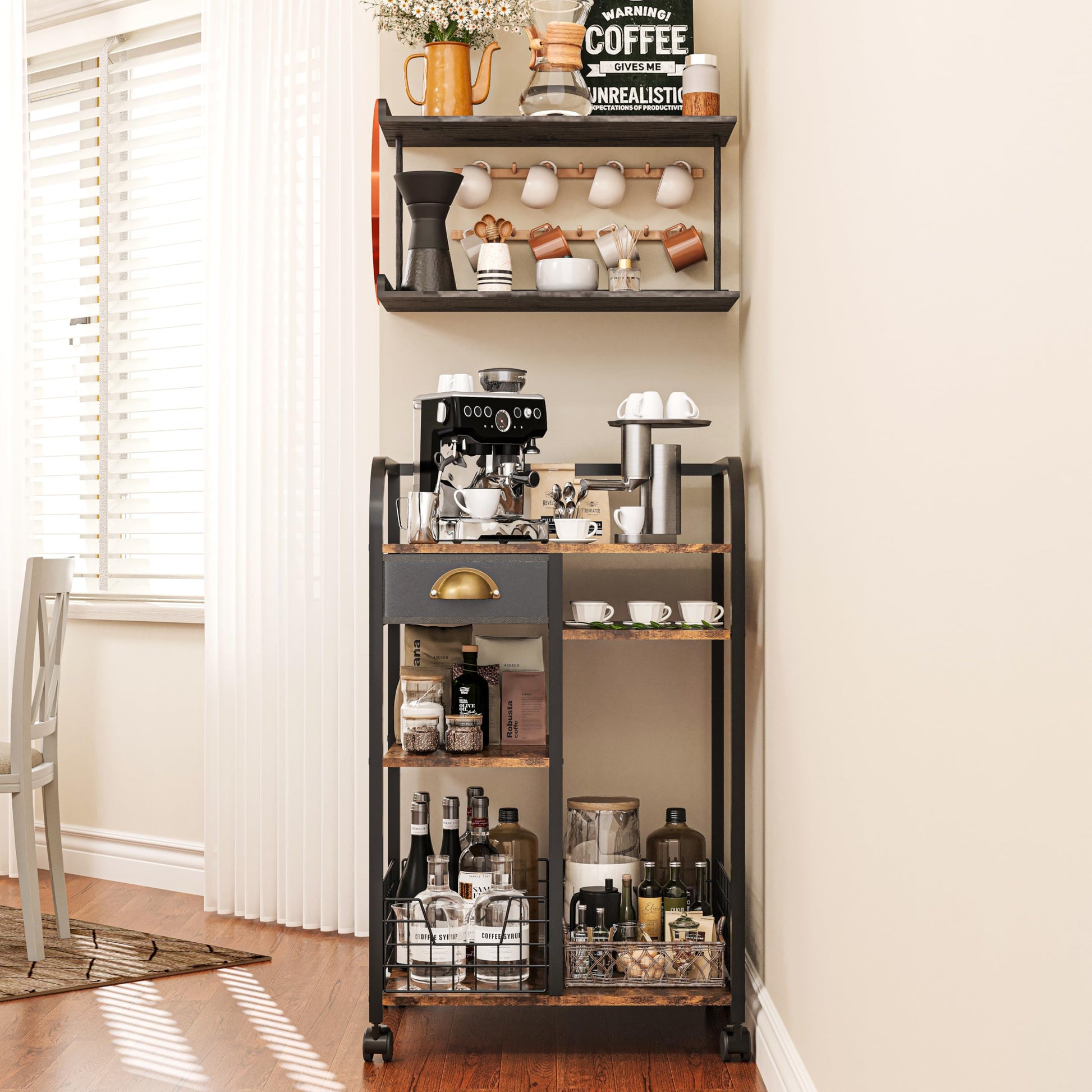 keomaisyto Coffee Cart with Storage Drawer, Coffee Bar Cabinet with Wheels, 4-Tier Adjustable