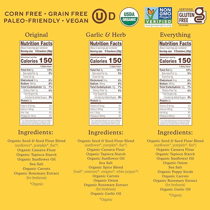 Simple Mills Organic Seed Crackers Variety Pack (Original, Everything, Garlic & Herb) - Gluten Free, Vegan, Healthy Snacks, Paleo Friendly, 4.25 Ounce (Pack of 3)