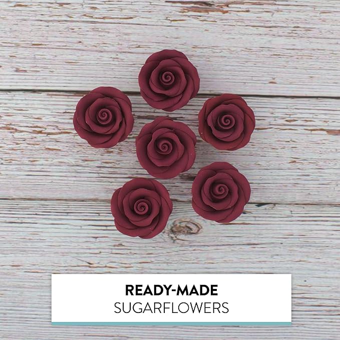 Global Sugar Art Premium Edible Roses, Burgundy, Unwired, Medium 1.5 inches, 12 Count by Chef Alan Tetreault