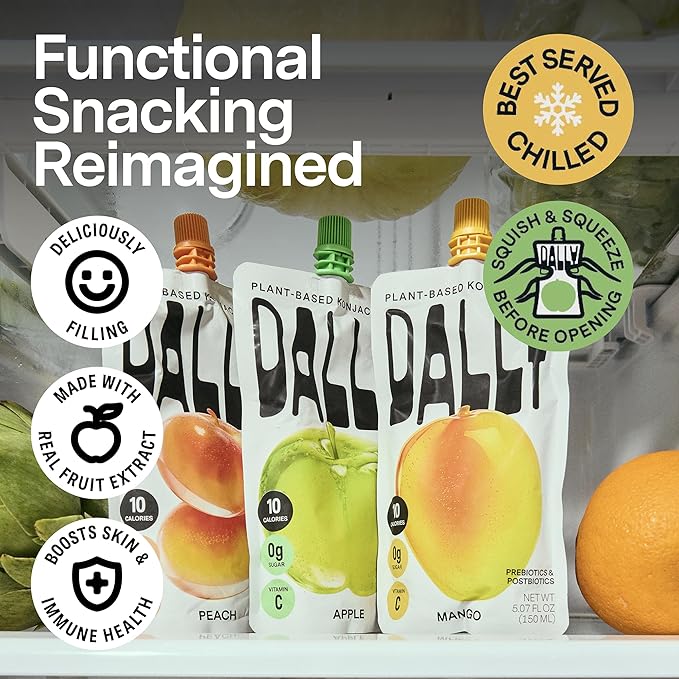 Dally Drinkable Konjac Jelly Variety Pack (10 Pouches) ??10-Calorie, Zero Sugar Korean Fruit Snack ??Mango, Peach & Apple Flavors ??Prebiotics & Postbiotics for Skin, Immune & Weight Management