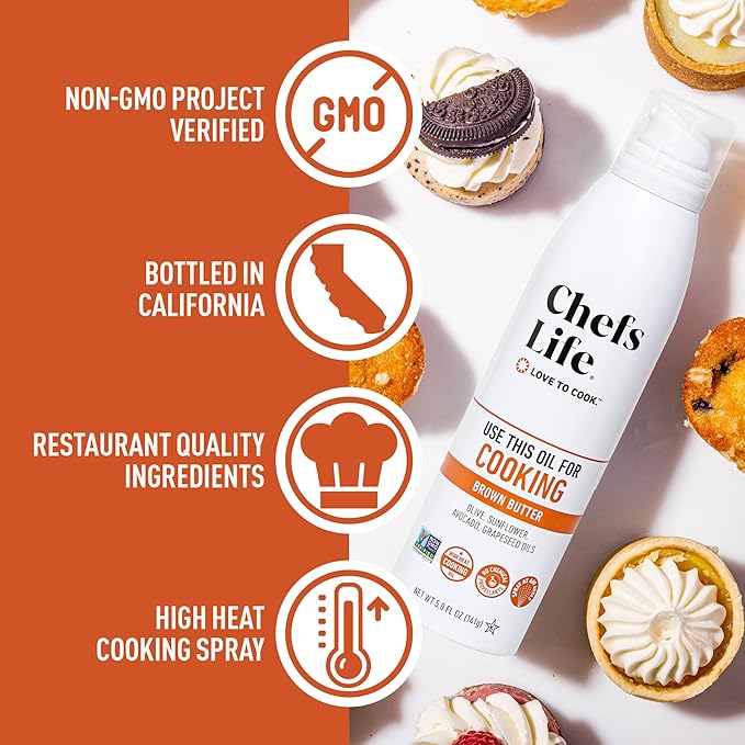 Chefs Life Brown Butter Cooking Spray - Cooking Oil Spray, Non Stick Olive Oil Spray with Avocado Oil and Grapeseed Oil for Cooking, Nonstick Baking Sprayer - 5 Fl Oz Spray Bottle