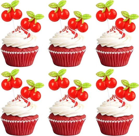 30 Pack Cherry Birthday Cupcake Toppers Red Glitter Cherry Cupcake Picks for Fruit Baby Shower Kids 1st Birthday Summer Cake Decorations Party Supplies