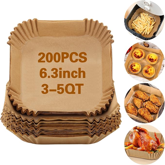 200Pcs Air Fryer Paper Liners, 6.3 Inch Square Disposable Air Fryer Liner, Non-stick Parchment Paper for Frying Baking Roasting Microwave Oven