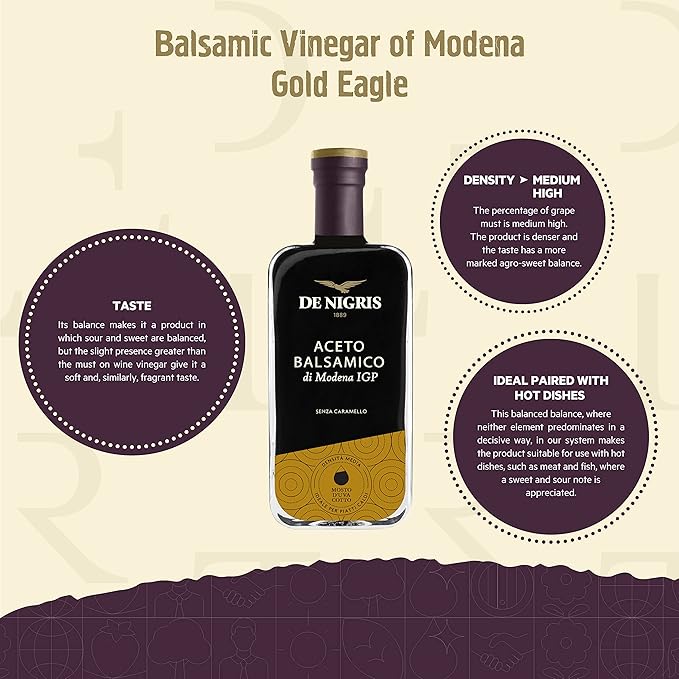 De Nigris Balsamic Vinegar Of Modena Excellence Line - Gold Eagle (55% Grape Must) 8,5 Oz (250ml) | Balsamic Vinegar From Modena Italy, Soft and fragrant taste, Aged