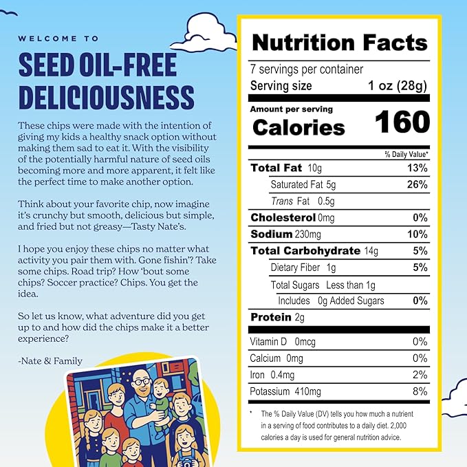 Tasty Nate???Beef Tallow Potato Chips - Original Sea Salt, Fried in 100% Beef Tallow - Seed Oil Free Chips, Paleo Snacks for Adults, 7oz Bag - Pack of 2