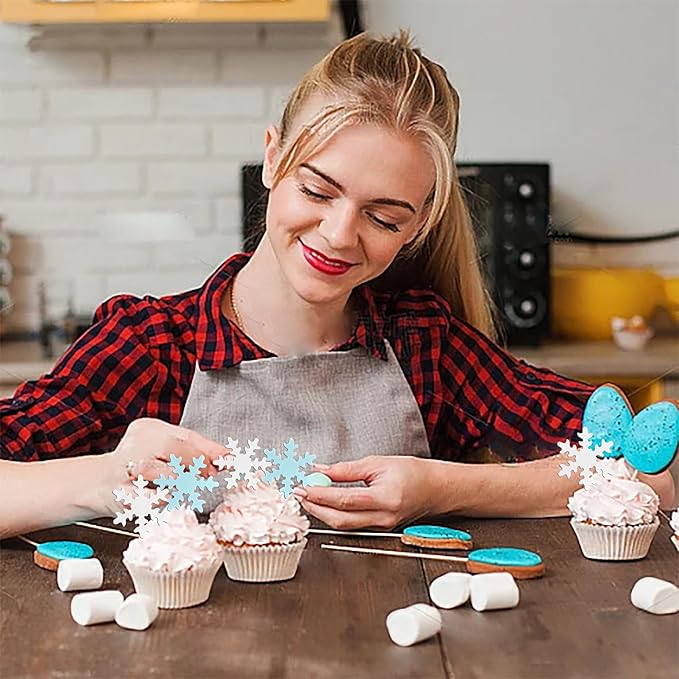 Rsstarxi 50 Pack Edible Snowflake Cupcake Toppers Baby Shower Cake Decorations Winter Frozen Snowflake Cake Toppers for Winter Theme Kids Birthday Party Cake Decorations Blue White