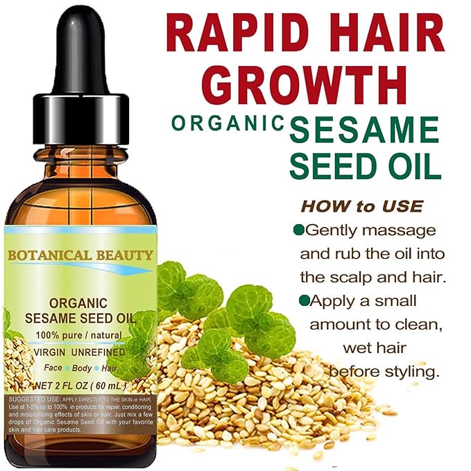 Organic SESAME SEED OIL 100% Pure Natural Virgin Unrefined Undiluted Cold Pressed Carrier Oil for Face, Skin, Body, Hair, Massage, Nails. 2 Fl. oz - 60 ml by Botanical Beauty