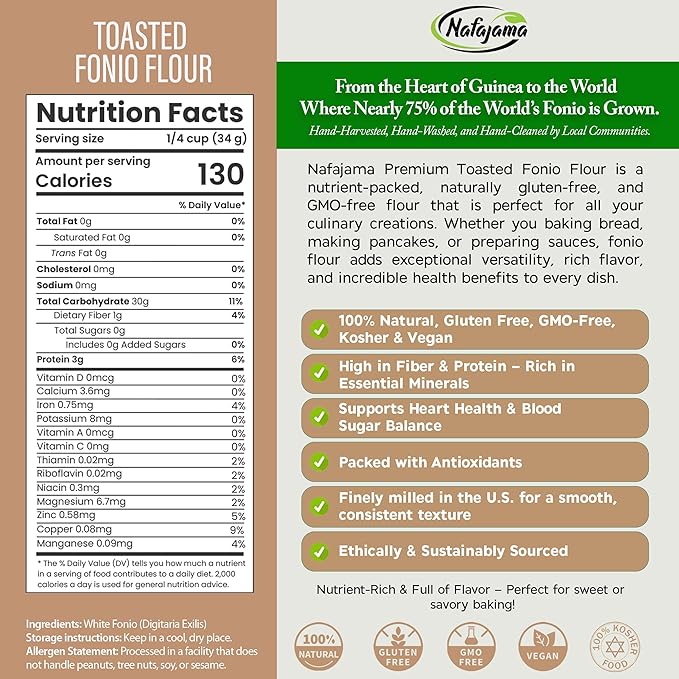 Nafajama Premium Gluten-Free Toasted Fonio Flour | Ancient African Superfood | All-Natural, Non-GMO, Vegan, High-Fiber ??1 Pallet (20 Bags, 110 lb / 50 kg each)