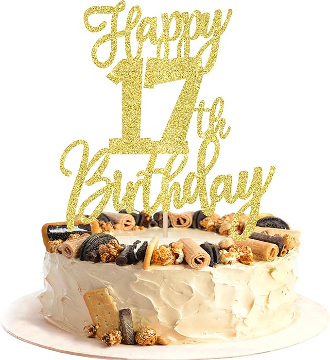 1 PCS Happy 17th Birthday Cake Topper Glitter Cheers to 17 Years Birthday Cake Pick Seventeen Hello 17 Cake Decoration for Happy 17th Birthday Anniversary Theme Party Decorations Supplies Gold
