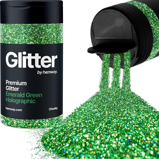 Hemway Premium Glitter Shaker - Emerald Green Holographic | 130g Chunky Metallic Flake Sequins for Resin & Epoxy Crafts | Craft Supplies for Tumblers, Festival, Art