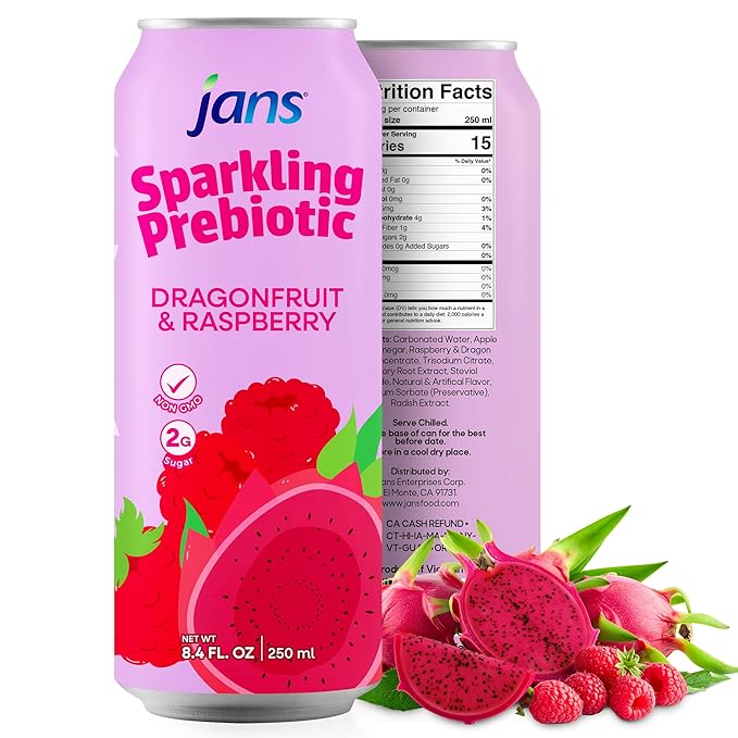 Jans Sparkling Prebiotic Soda Beverage ??Dragonfruit & Raspberry 8.4 Fl Oz (6-Pack) ??Low Calorie, NO Added Sugar, Non-GMO Sparkling Fruit Beverage, Gut Health Support