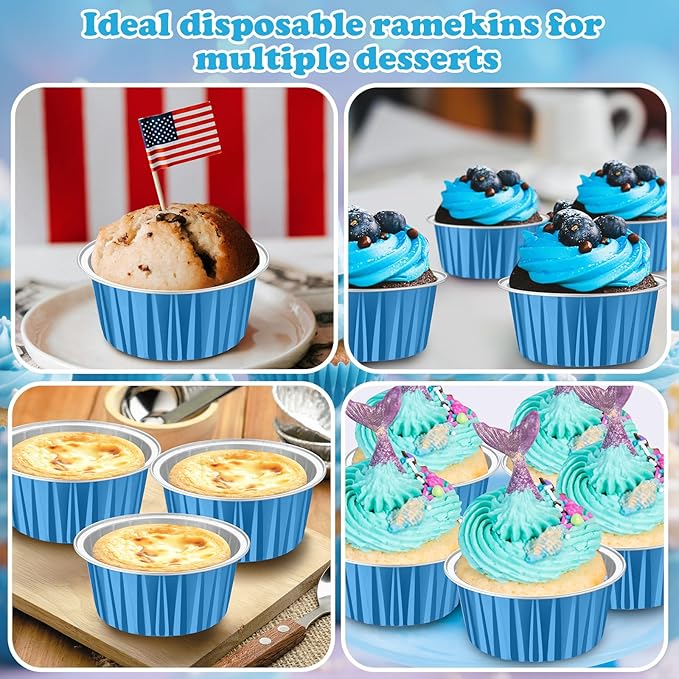 Gejoy 400 Pcs Aluminum Foil Baking Cups with Lids 5 oz Disposable Ramekins Mini Cake Pans Creme Brulee Cupcake Liners Muffin Tins Flan Mold Dessert Container for Wedding(Ocean Blue,Classic)