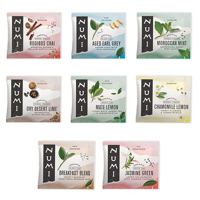 Numi Organic Tea Numi's Collection Variety Pack, 16 Tea Bags, Black, Green, White, Pu-erh, Mat챕, & Herbal, Packaging May Vary