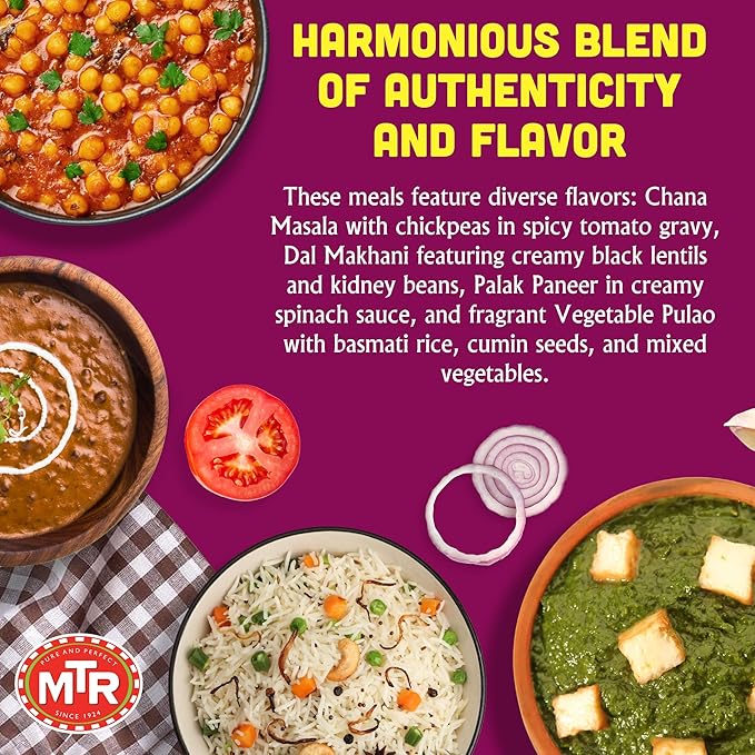 MTR Ready-To-Eat: Maharaja Pack - Assorted Pack of 4 (Chana Masala, Dal makhani, Palak Paneer, Vegetable Pulao) - Authentic Indian Food with No Added Preservatives - Suitable for Vegetarians