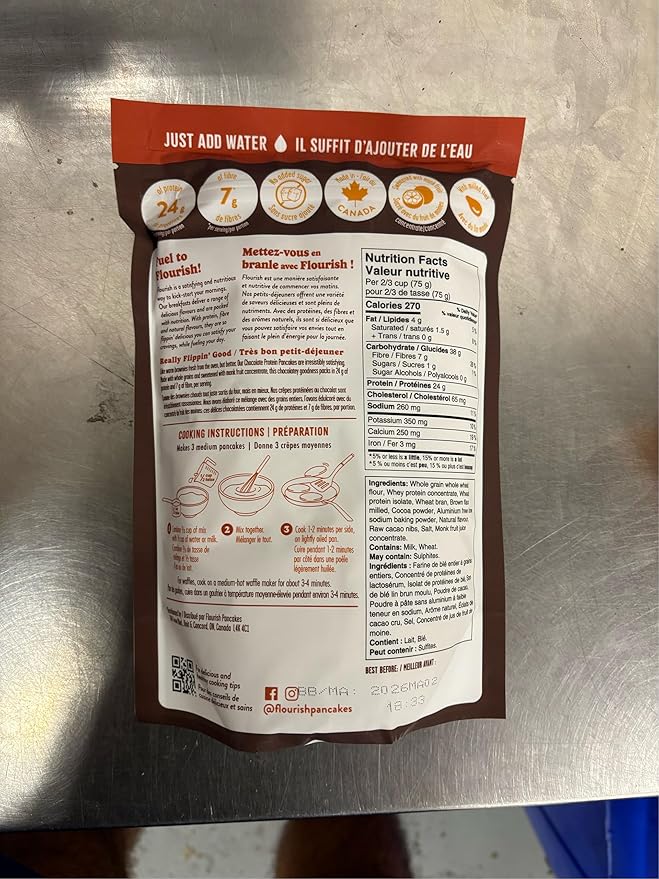 Flourish Protein Pancake & Waffle Mix, with Whey Protein & Flax Seed, No Added Sugar, High in Protein & Fiber - Just Add Water - Chocolate Flavour, 430 g (2 Pack) - Made in Canada