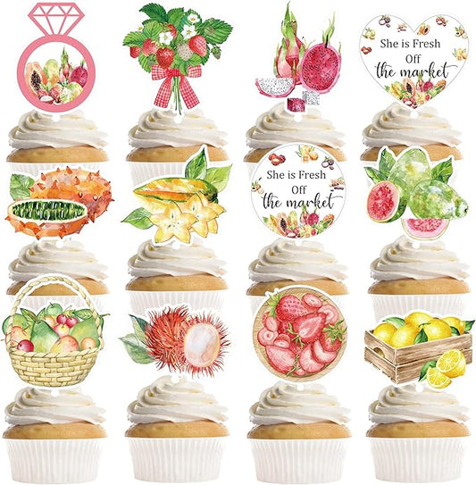 24Pcs Farmer Market Bridal Shower Cupcake Toppers, She is Fresh Off The Market Cupcake Decorations, Fruit Bridal Shower Party Supplies, Bachelorette Decor