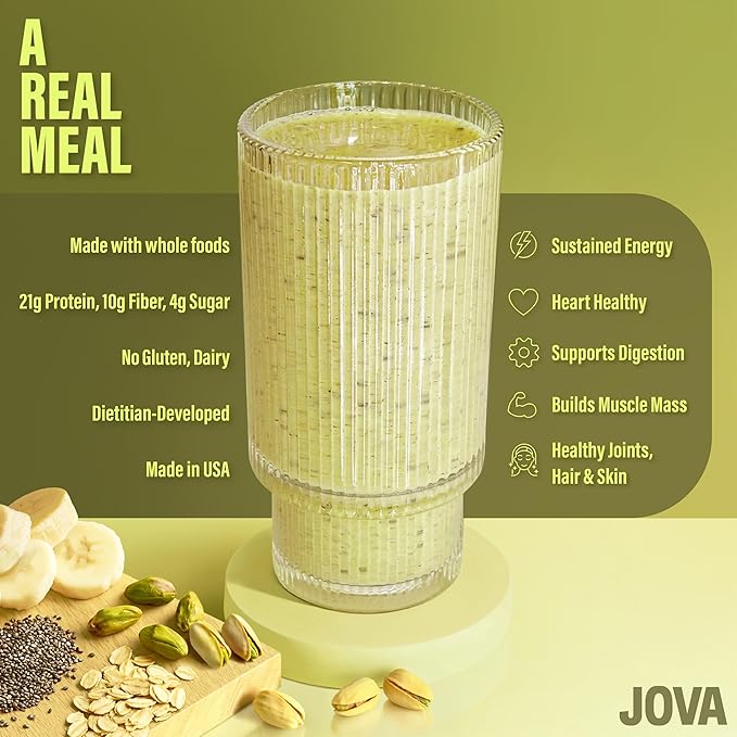 JOVA Pistachio Smoothie Mix | Healthy Snack with Whole Foods: Oats, Cacao, Cashews, Collagen & Chia Seed | Ready in 1 Minute (22g Protein, 10g Fiber, 4g Sugar), 3-Pack