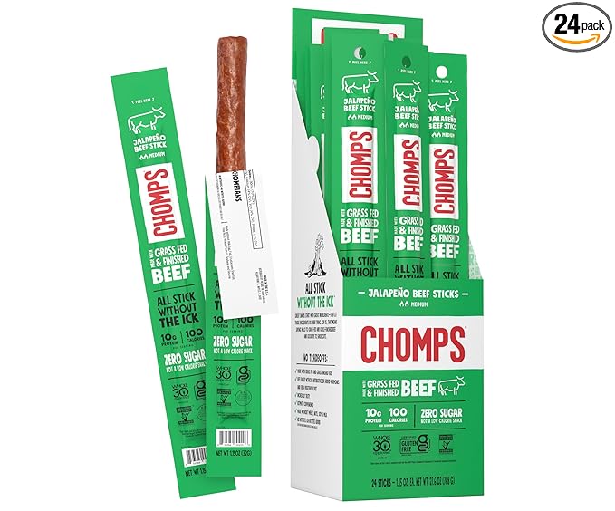 Chomps Grass-Fed and Finished Jalape챰o Beef Jerky Snack Sticks 24-Pack - Keto, Paleo, Whole30, 10g Lean Meat Protein, Gluten-Free, Zero Sugar Food, Non-GMO