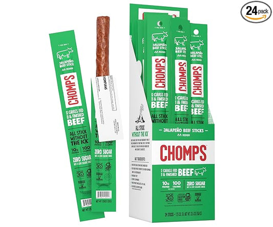 Chomps Grass-Fed and Finished Jalape챰o Beef Jerky Snack Sticks 24-Pack - Keto, Paleo, Whole30, 10g Lean Meat Protein, Gluten-Free, Zero Sugar Food, Non-GMO